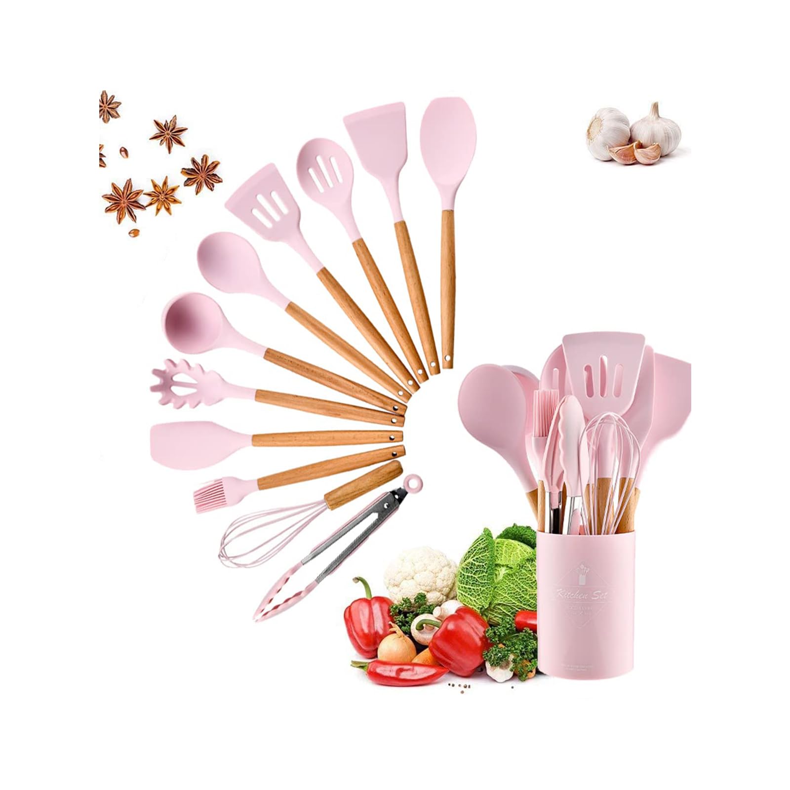 Arabest Silicone Cooking Kitchen Utensils Set, Heat Resistant Wooden Handles Cooking Tool BPA Free, 12Packs Non Toxic Silicone Turner Tongs Spatula Spoon Kitchen Gadgets Set for Nonstick Cookware Pink