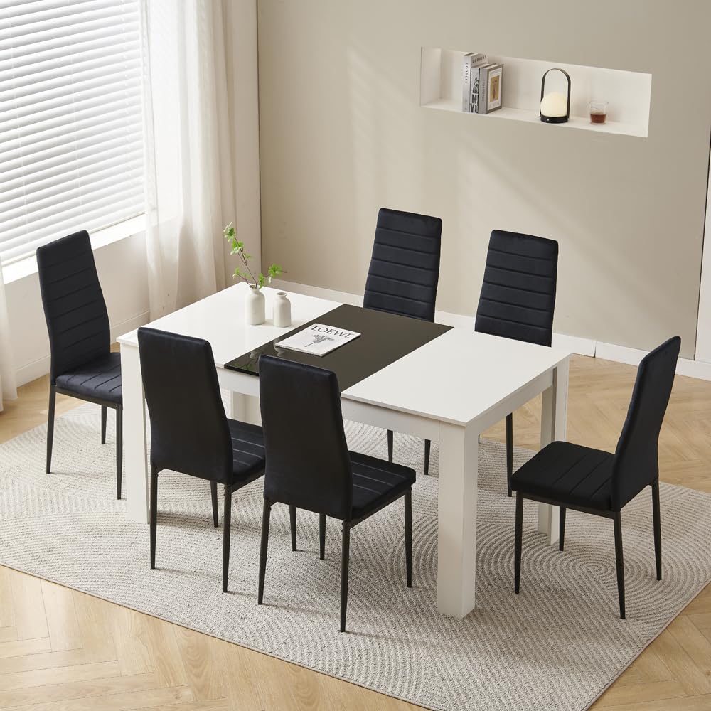 Homullel 150 cm Dining Table and 6 Chairs, 6 Seater Table and Chairs Set, Kitchen Dining Room Set for 6, Compact, Space Saving (Flannel Black, 150cm, 6 Seats)