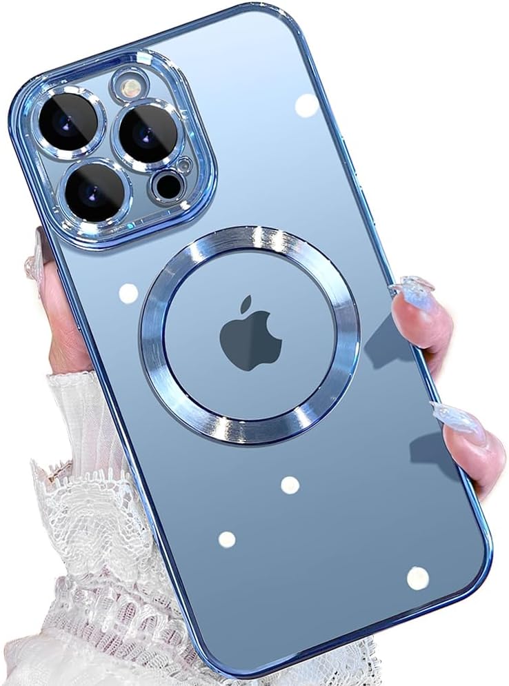 JUESHITUO Magnetic Metallic Glossy Clear for iPhone 13 Pro Max Case with Full Camera Cover Protection [No.1 Strong N52 Magnets] [Military Grade Drop Protection] for Women Girls Phone Case (6.7")-Blue