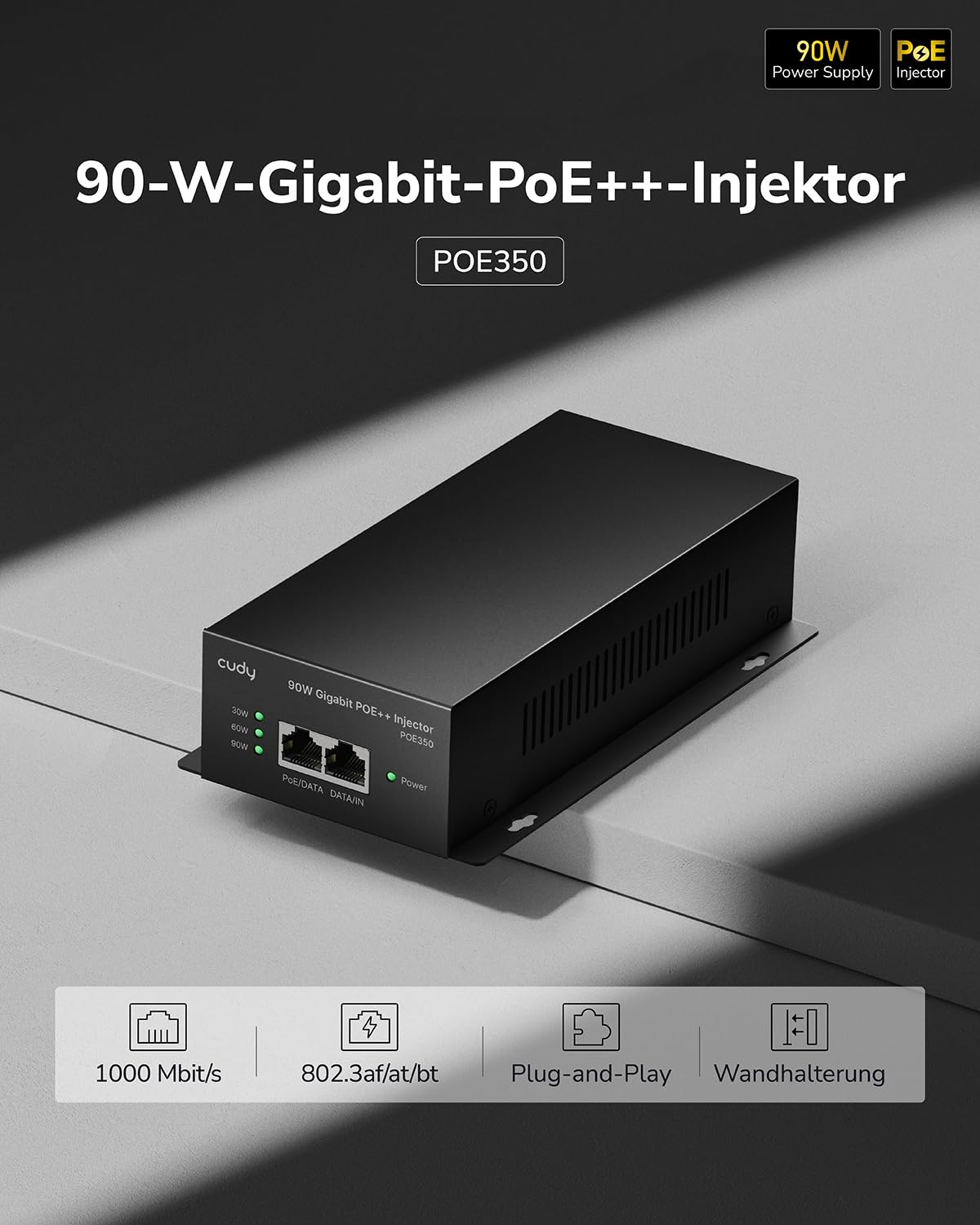Cudy POE350 90W Gigabit PoE++ Injektor, 10/100/1000Mbps Poe Adapter, Kompatibel mit IEEE 802.3af/at/bt, 48V ~ 52V, Plug and Play