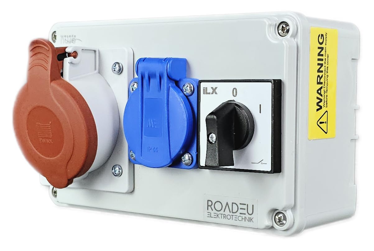 RoadEu CEE Steckdosenverteiler IP44 | 1x CEE 16A 5P 400V + 1x Schuko 230V mit Hauptschalter 0-1 | Aufputz Stromverteiler für Innen- & Außeneinsatz, vorverdrahtet, Europäische Komponenten