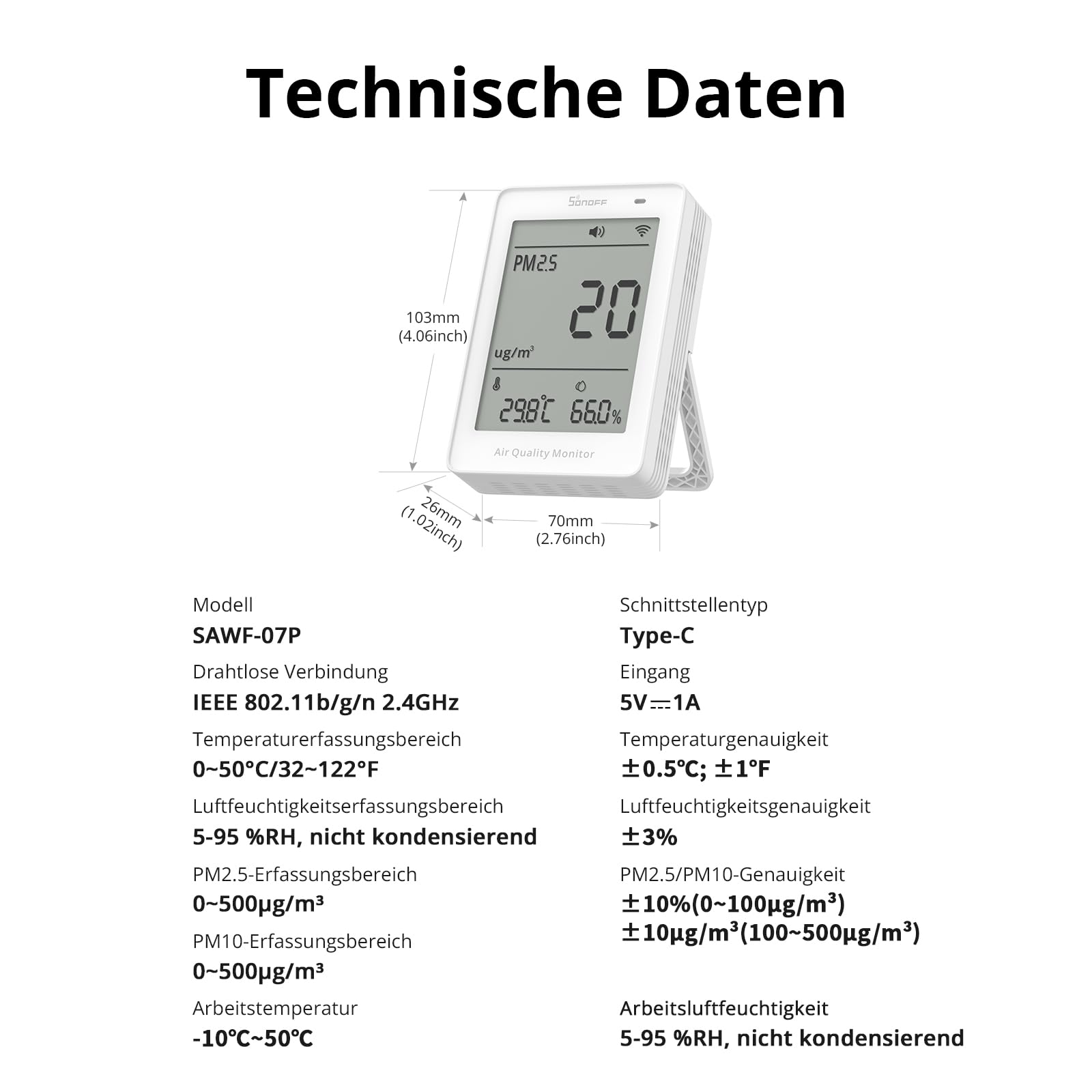 SONOFF Smartes Monitor für Raumluftqualität PM2.5 PM10 Temperatur Feuchtigkeit Sensor Matter-kompatibel 2.4GHz WiFi 3.73-Zoll Bildschirm