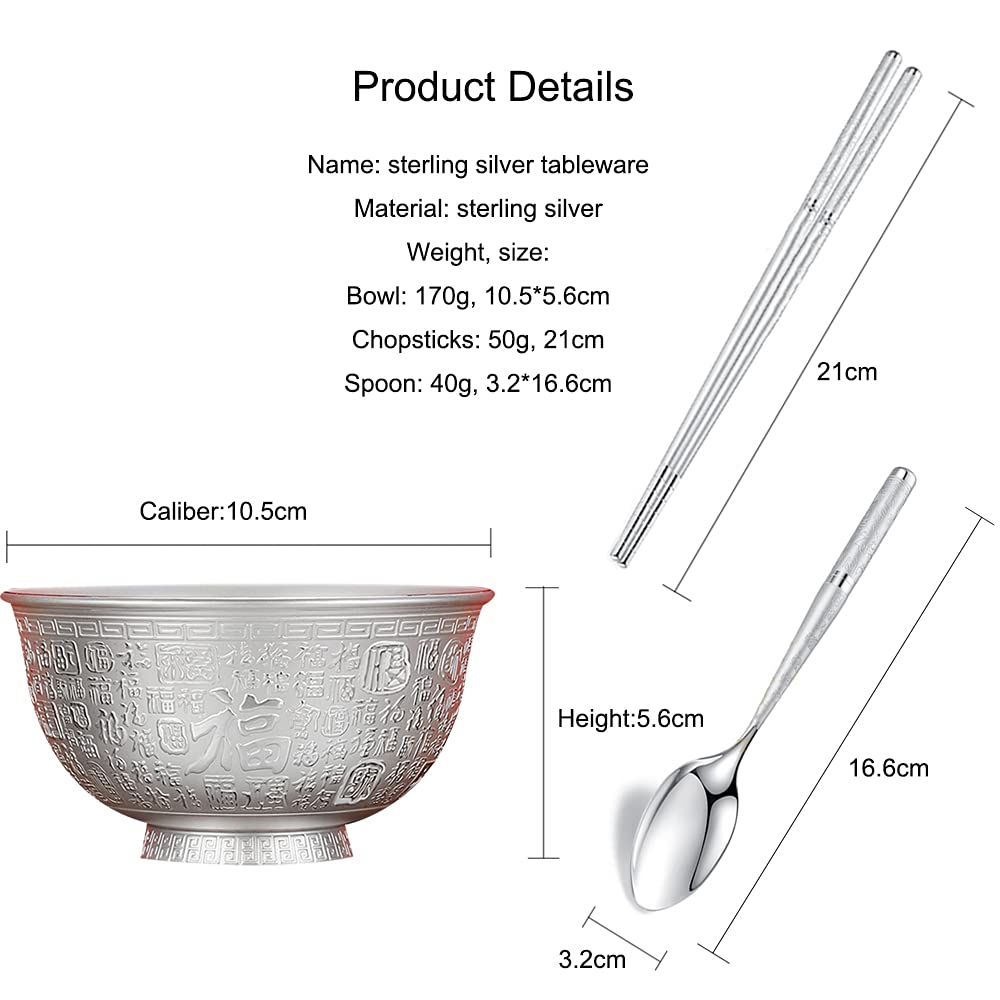Bol à Grains en Argent Sterling, Bol de Dessert de Fruits à Salade, Bol à Riz Nouilles, Bol à Soupe, Isolation Thermique Anti-brûlante Double Couche,Three Piece Set