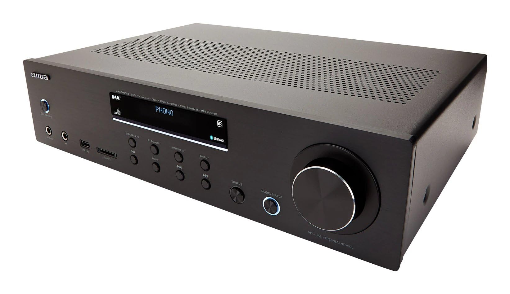 AIWA - AMR-200DAB Amplificatore Hi-Fi multifunzione, Bluetooth 5.0, Tuner DAB/FM, Phono In, Input audio, Mp3 Player da porte USB/SD, Telecomando, Colore Nero