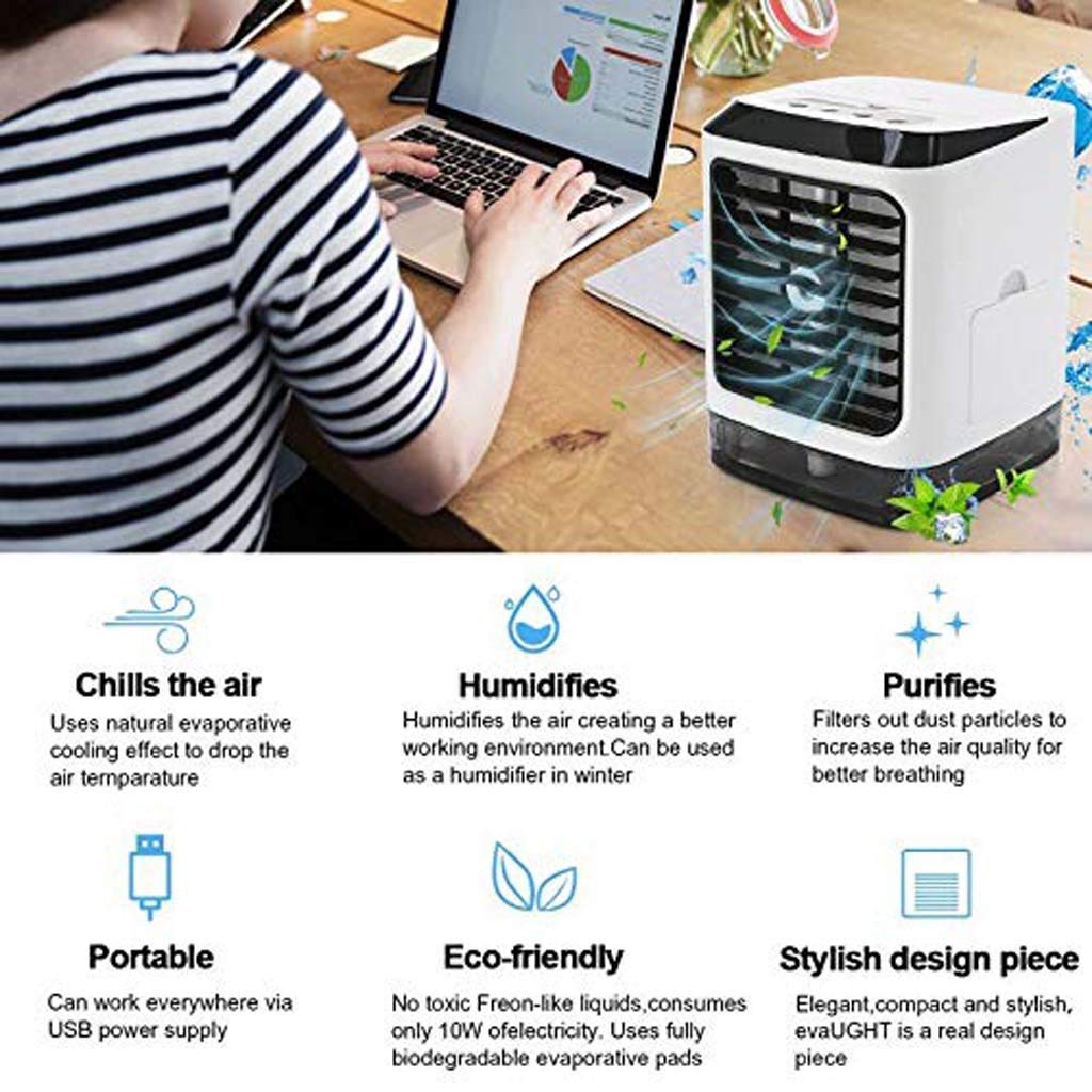 Chłodnica powietrza do domu i biura, klimatyzator wyparny i nawilżacz powietrza 3 w 1, przenośny mini klimatyzator USB, 3-biegowy wentylator biurkowy
