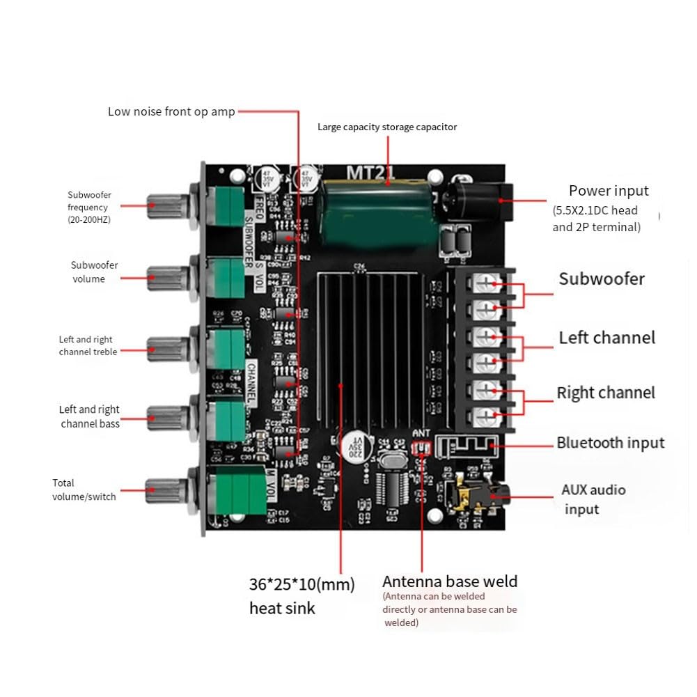 Bluetooth Audio Modul 100W DC 24V mit TWS Pairing AUX USB Eingang, kompatibel mit TPA3116D2 Chip für Smartphones und Computer, Schwarz ZK-301B Board ZK-MT21