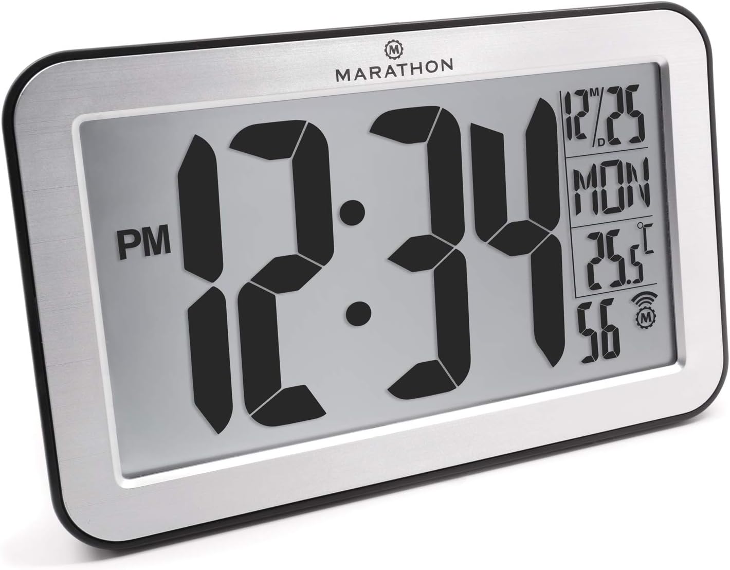 Marathon Atomic Wall Clock, Silver - Large 9-Inch Display - AM/PM or 24-Hour Time, 8 Time Zones, Indoor Temperature, Day & Date - Two AA Batteries Included