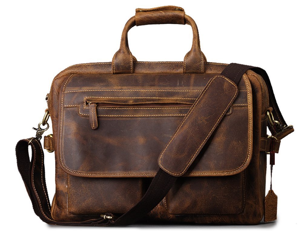 leather castle Vintage Buffalo Hide Office Briefcase 16 Inch Laptop Bag, Mens Messenger Shoulder Bags, College School Satchel Handbag