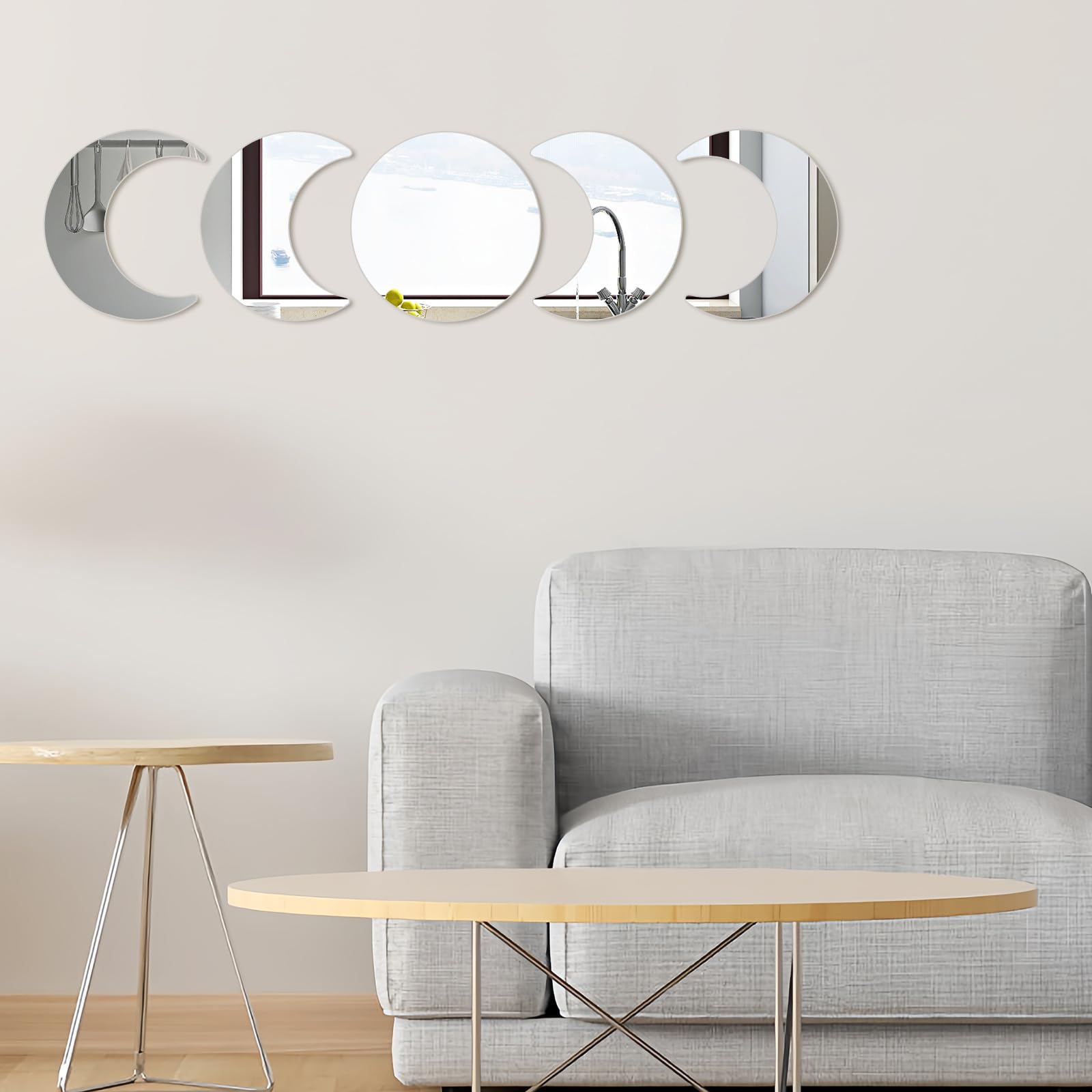 5pcs Moon Phase Mirror Set Acrylic Mirror Wall Stickers Decorative Moon Star Mirror Elegant Moon Phase Mirror Stickers for Living Room(silver)