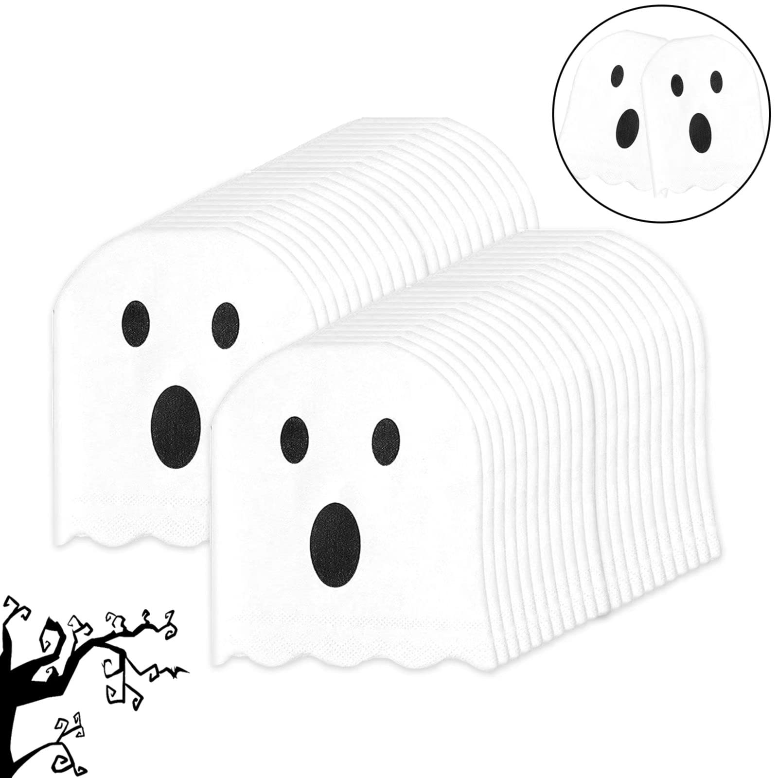 Photo 1 of 100 Pieces Halloween Napkins White Ghost Folded Cocktail Napkins Double Layer Ghost Napkins for Halloween Tableware Decorations Halloween Party Supplies (100)   2 PACKS