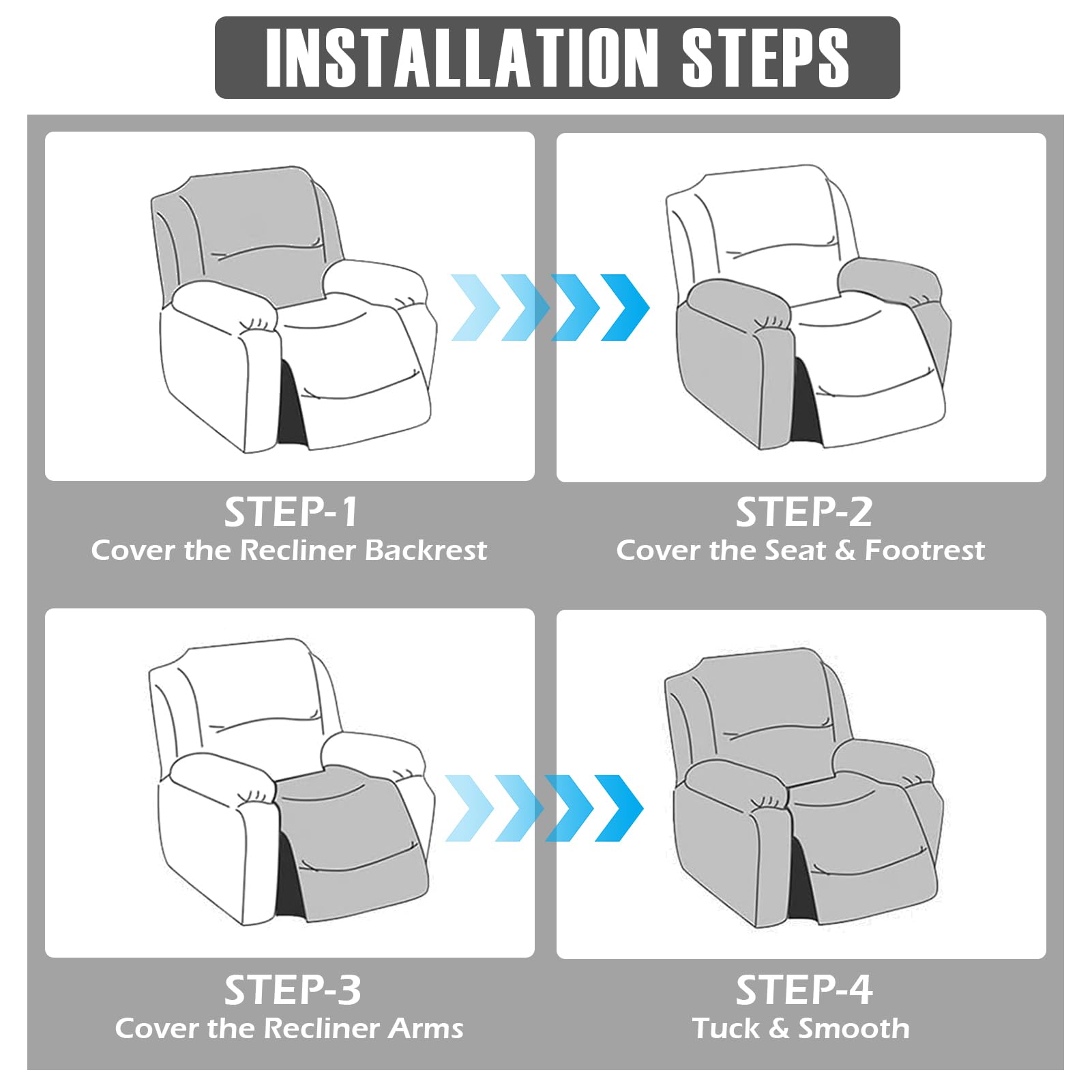 Funda Sillon Relax Reclinable, 4 Piezas Fundas Sillon Relax de 1 Plaza con Bolsillos, Impermeable Elástica Funda Butaca Reclinable Protect para Sillón de TV, Sillón Relax (Negro)