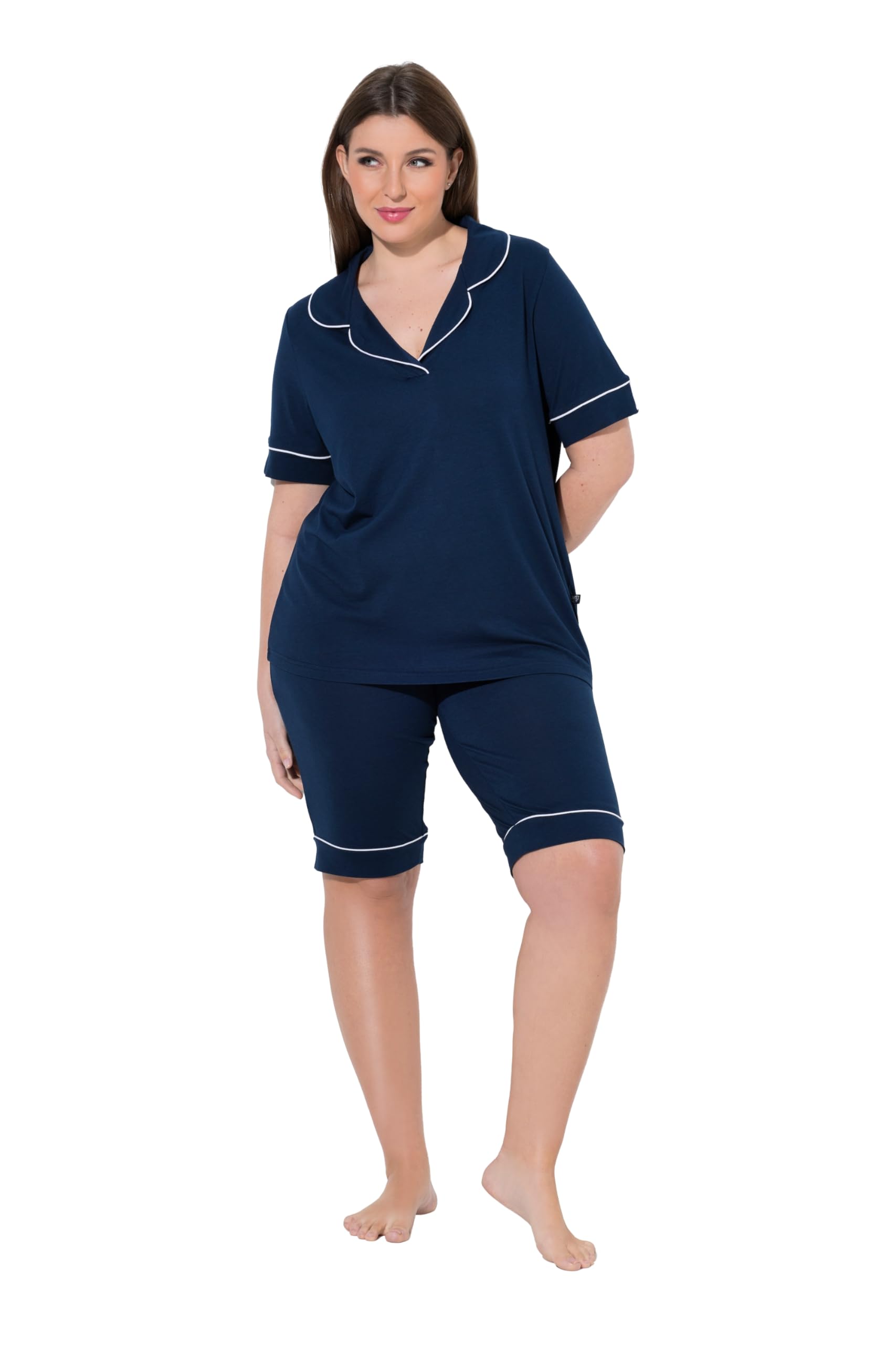 Ulla Popken Damen große Größen Übergrößen Plus Size Pyjama, Zierpaspeln, Reverskragen, Halbarm, Modalmix 849601