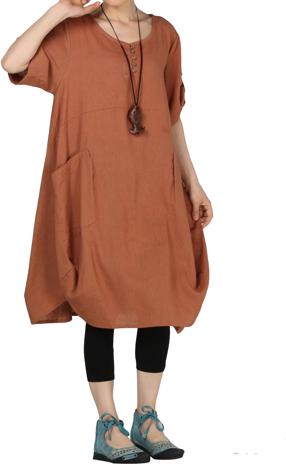 Mordenmiss Women's Summer Roll-up Sleeve Baggy Dress with Pockets, Brown, X-Large