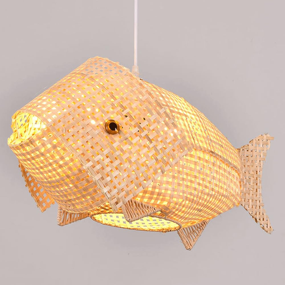 YNAHZAOK Creative Bamboo Pendant Lamp Chinese-Style Fish-Shaped Chandelier Light Fixture with Adjustable Suspension Line Bamboo Weaving Hanging Light for Restaurant Boho Hand-Woven Pendant Light