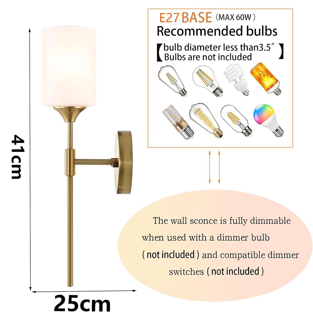 2 sztuki szklanej lampy ściennej do wnętrz, vintage E27 lampa ścienna wykonana z metalu, retro lampa do korytarza z białym cylindrycznym kloszem szklanym, lampka nocna, lampa ścienna do łazienki, lus