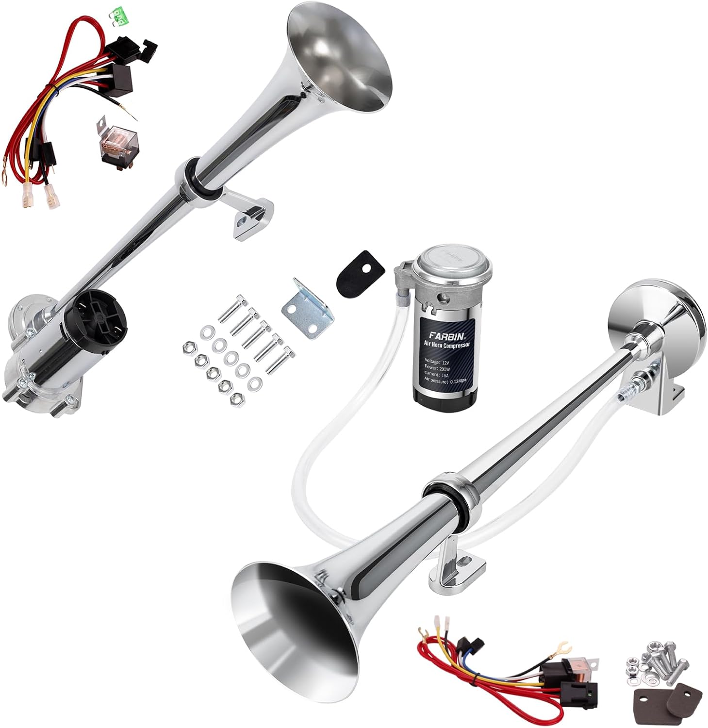FARBIN 12V 150db Air Horn kit, Super Loud 18 Inches Chrome Zinc Single Trumpet Truck Horn, Train Horn with Compressor for Any 12V Vehicles