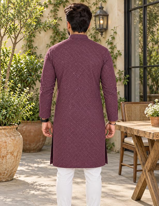 Image of Men's Lakhnawi Chikankari Kurta Set Cotton Ethnic Kurta Pajama for Men Wedding Festive Designer Indian Outfit Stylish Embroidered Kurta Set