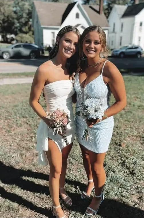 Strapless Homecoming Dresses for Teens Satin Short Prom Dress Pleated Tight Cocktail Party Gown with Slit KN0594