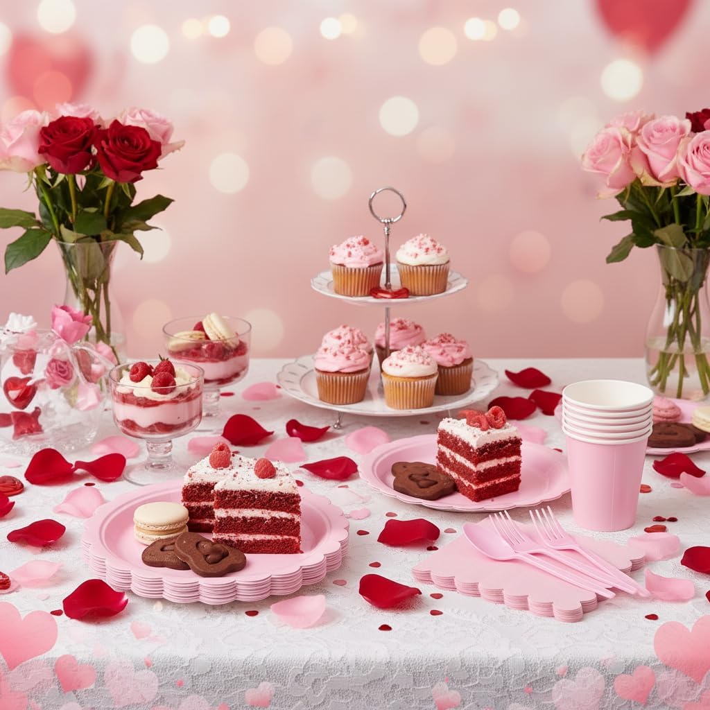 175 Pcs Pink Plates and Napkins, Pink Valentines Plates Set Include Scalloped Plate Napkins Cups Plastic Spoons Forks Knives Disposable Dinnerware for Birthday, Wedding, Bridal Baby Shower - Image 7