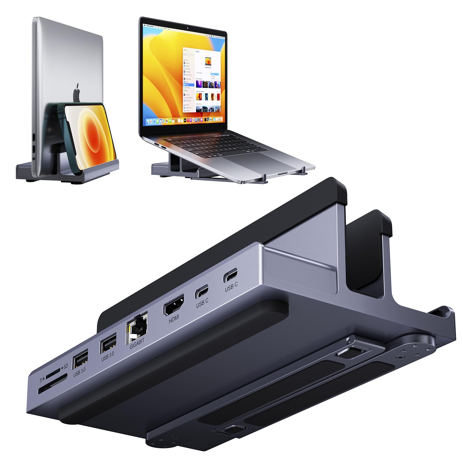 USB C Docking Station: QUUGE 8 in 1 Macbook Docking Station USB C with HDMI 2.0 4K 60Hz, 2 x USB3.0 Ports, 100W PD, Gigabit Ethernet & SD/TF, Vertical Laptop Dock for MacBook Air/Pro, Dell XPS, HP