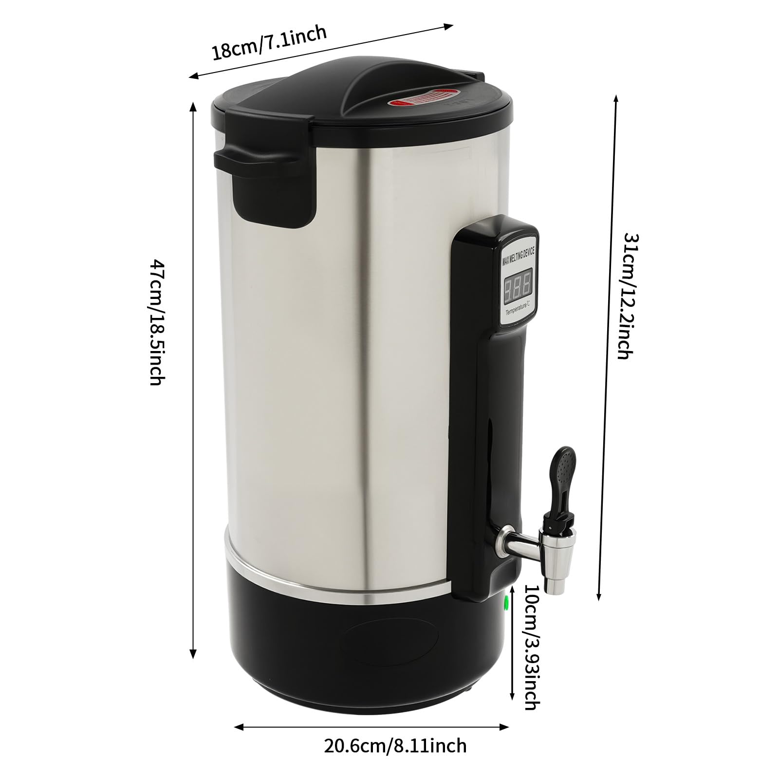 Zalydala Garnek do topienia wosku, stal nierdzewna 10 l, 1100 W, regulacja temperatury 30-110°C, z kurkiem spustowym i diodą LED, do produkcji świec sojowych, parafinowych, pszczelich