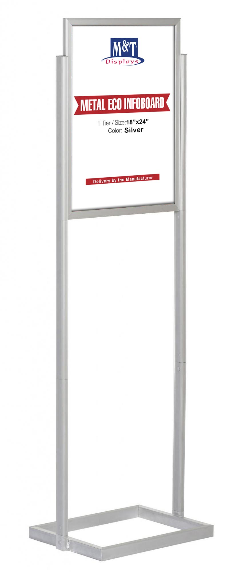M&T Displays Metal Eco Info Board Silver 18x24 Inches Slide-in Poster Sign Holder 1 Tier Double Sided Floor Standing Pedestal Advertising Display with