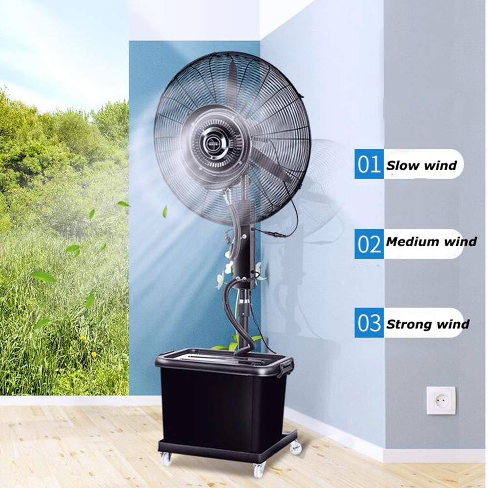 Ventilador de nebulización comercial de 26 pulgadas, ventilador de refrigeración de alta velocidad para exteriores con oscilación de 90°, 5 velocidades, sistema de nebulización centrífuga, bajo ruido
