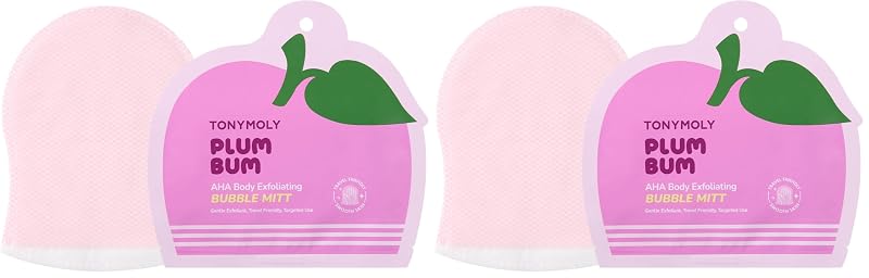 TONYMOLY Plum Bum AHA Exfoliating Bubble Mitt – Single-Use Korean Body Scrub with Glycolic Acid, Peptides & Plum Extract for Smooth, Refreshed Skin – 1.2 oz (Pack of 2)