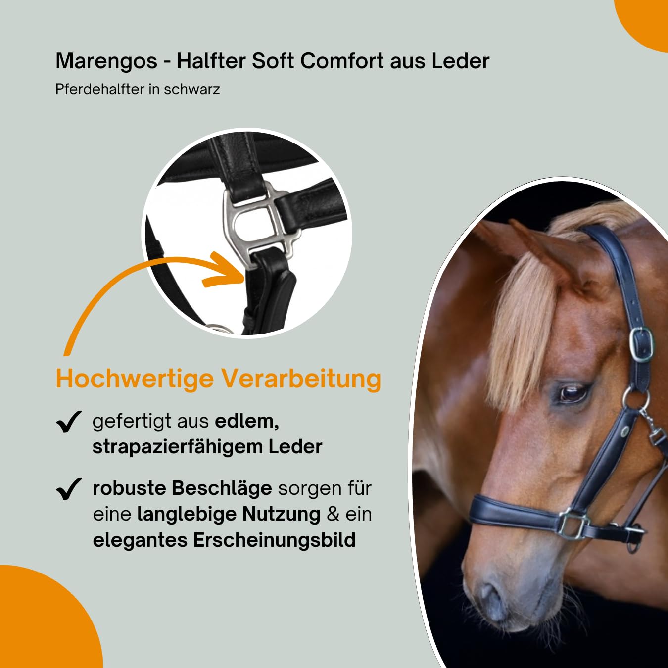 Marengos - Halfter Soft Comfort aus Leder – Pferdehalfter mit weich gepolstertem Nasenriemen & Genickstück – edles Lederhalfter – Pferde Zubehör in Schwarz – Vollblut, Warmblut & Pony