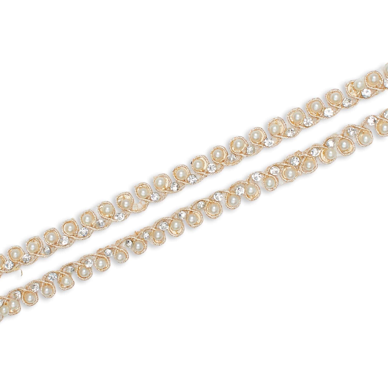 8 Millimeter Beaded Rhinestones & Metallic Cording On Mesh Trim by The Yard - for Sewing, Crafts, Decor, or Upholstery - Champagne (1 Yard)