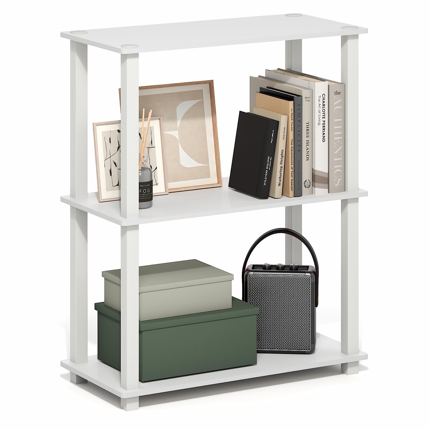 Furinno Turn-S-Tube Storage Shelves, 3-Tier Book Shelf, Corner Shelf, Toolless Open Frame Standing Shelves, for Organization and Storage, Living Room, Garage, Home Office, White