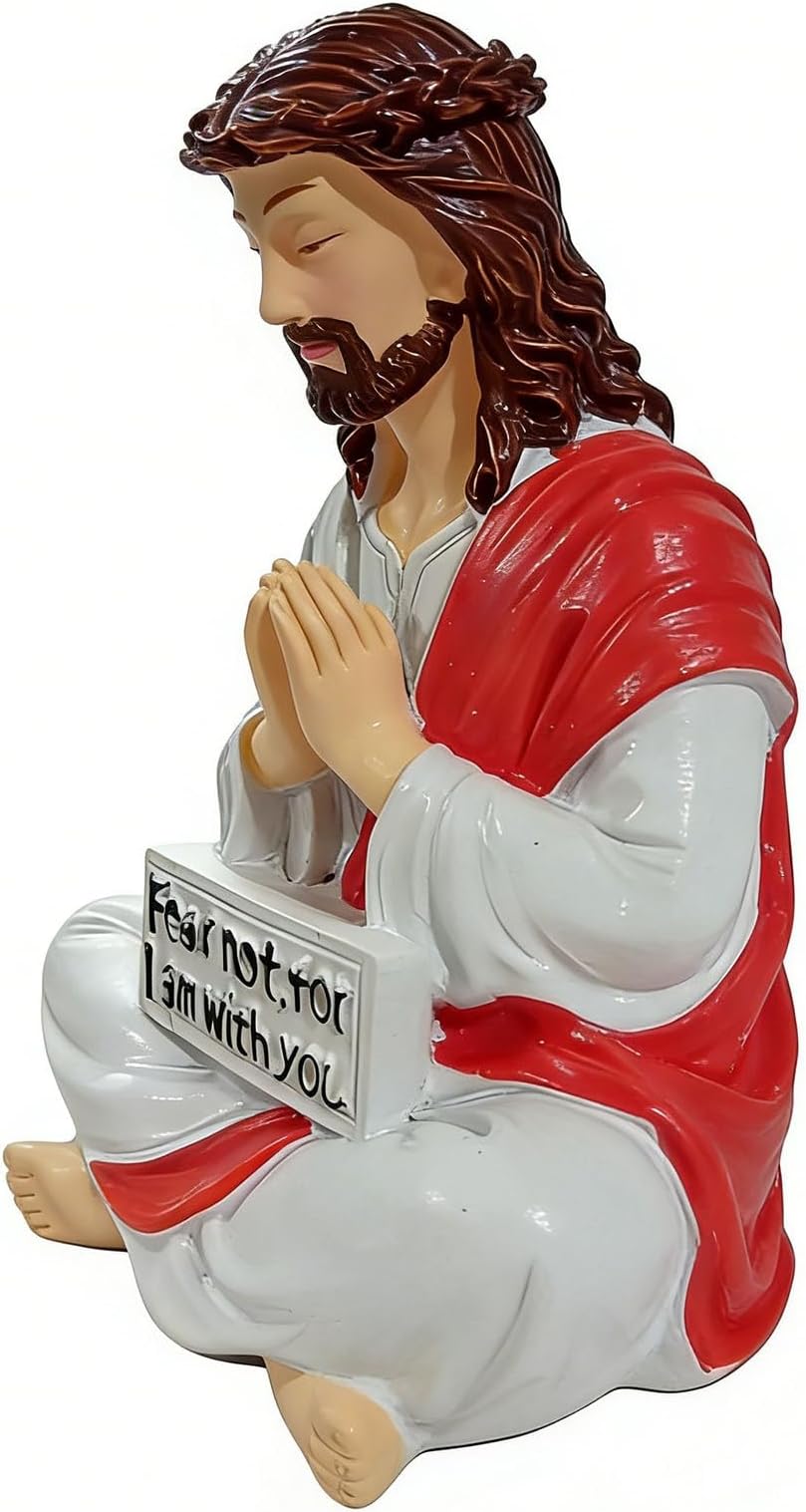 Jesus Resin Desk Companion Figurine, 3.94'' Sitting Design Jesus Christ Statue, ''Fear Not, for I Am with You'' Sign Je-sus Ornament, Car Dashboard Home Office Table Decor Religious Gift