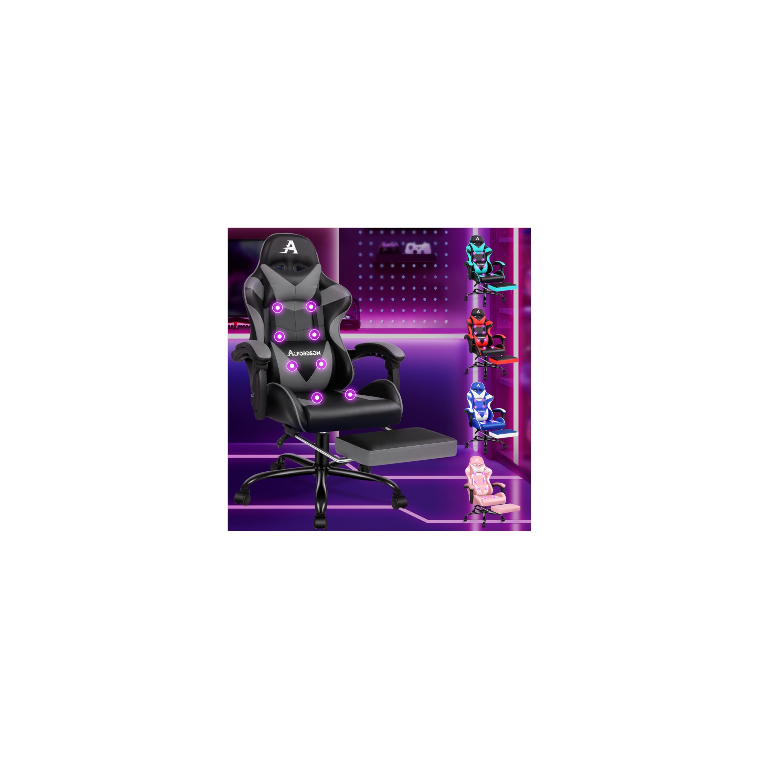 ALFORDSON Gaming Stuhl Massage Gamer Sessel, ergonomischer Bürostuhl, Schreibtischstuhl, Neigungswinkel 150°, höhenverstellbarer Computerstuhl, 180 kg bis, Einziehbare Fußstütze, PU-Leder, Grau