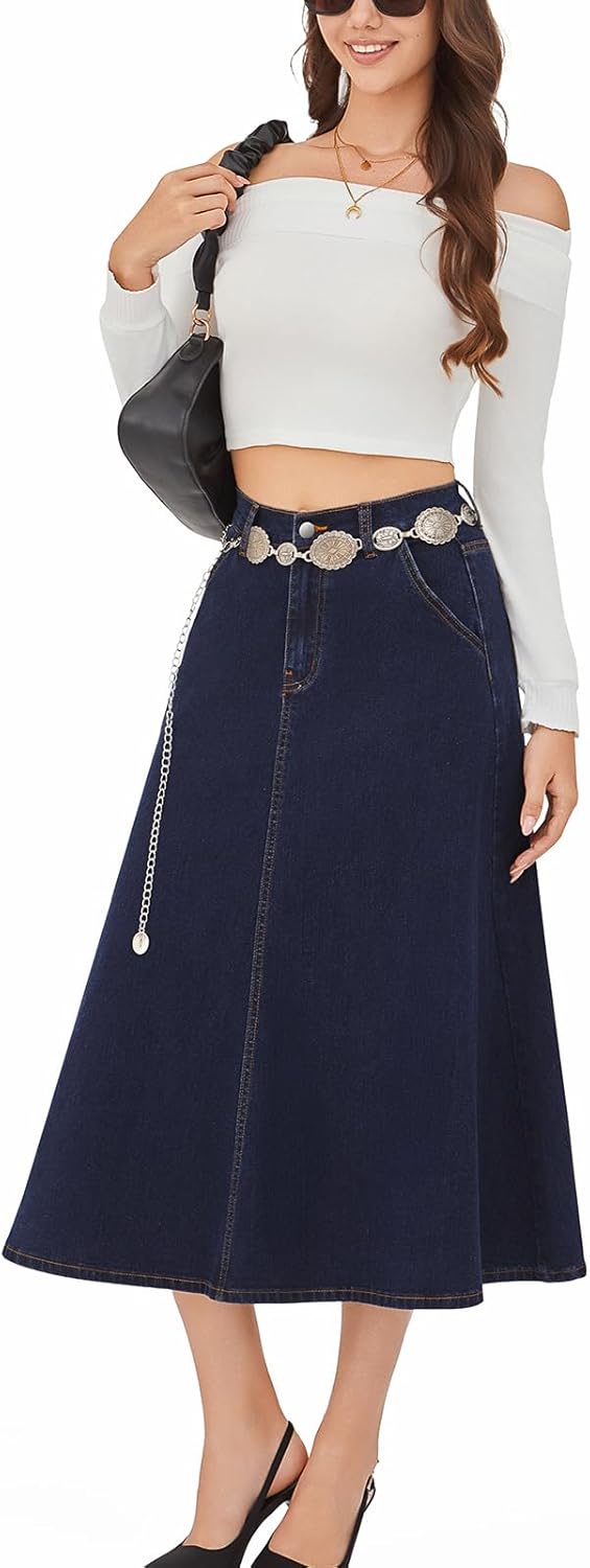 HUSKARY Women's Stretchy High Wasited A Line Long Maxi Jean Skirt Below Knee Length Flared Midi Denim Skirts with Pockets - Image 3
