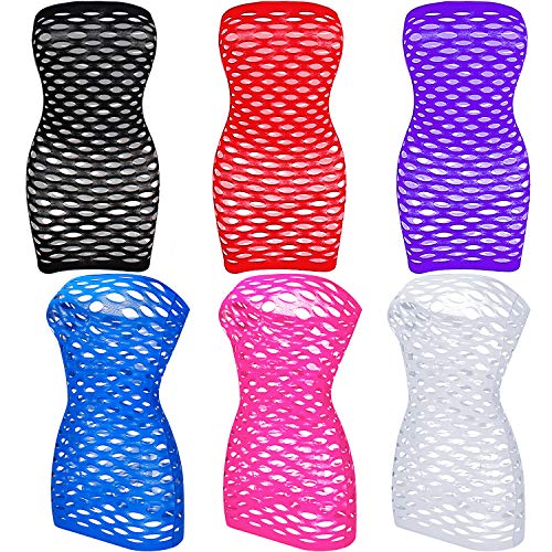Geyoga 6 Pieces Women Bodysuit Strapless Fishnet Lingerie Striped Mini Dress Hollow Out Underwear Sleepwear Chemise, One Size Fits Most