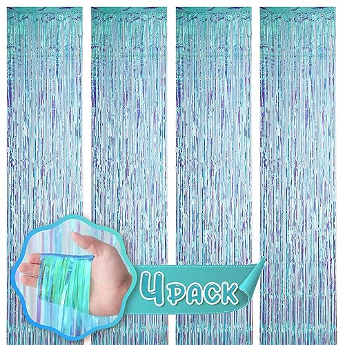 Voircoloria 4 Pack 3.3x8.2 Feet Neon Iridescent Foil Fringe Backdrop Curtains, Tinsel Streamers Birthday Party Decorations, Fringe Backdrop for Graduation, Baby Shower, Gender Reveal, Disco Party