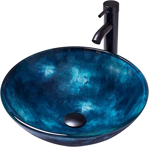 Miniatura 2 de Lavabo de Vasija 16.5" Lavabos de Baño Vidrio Templado Azul Cuenco de Arte Redondo con Combo de Grifo Azul, Moderno Lavabo de Encimera tipo Cuenco