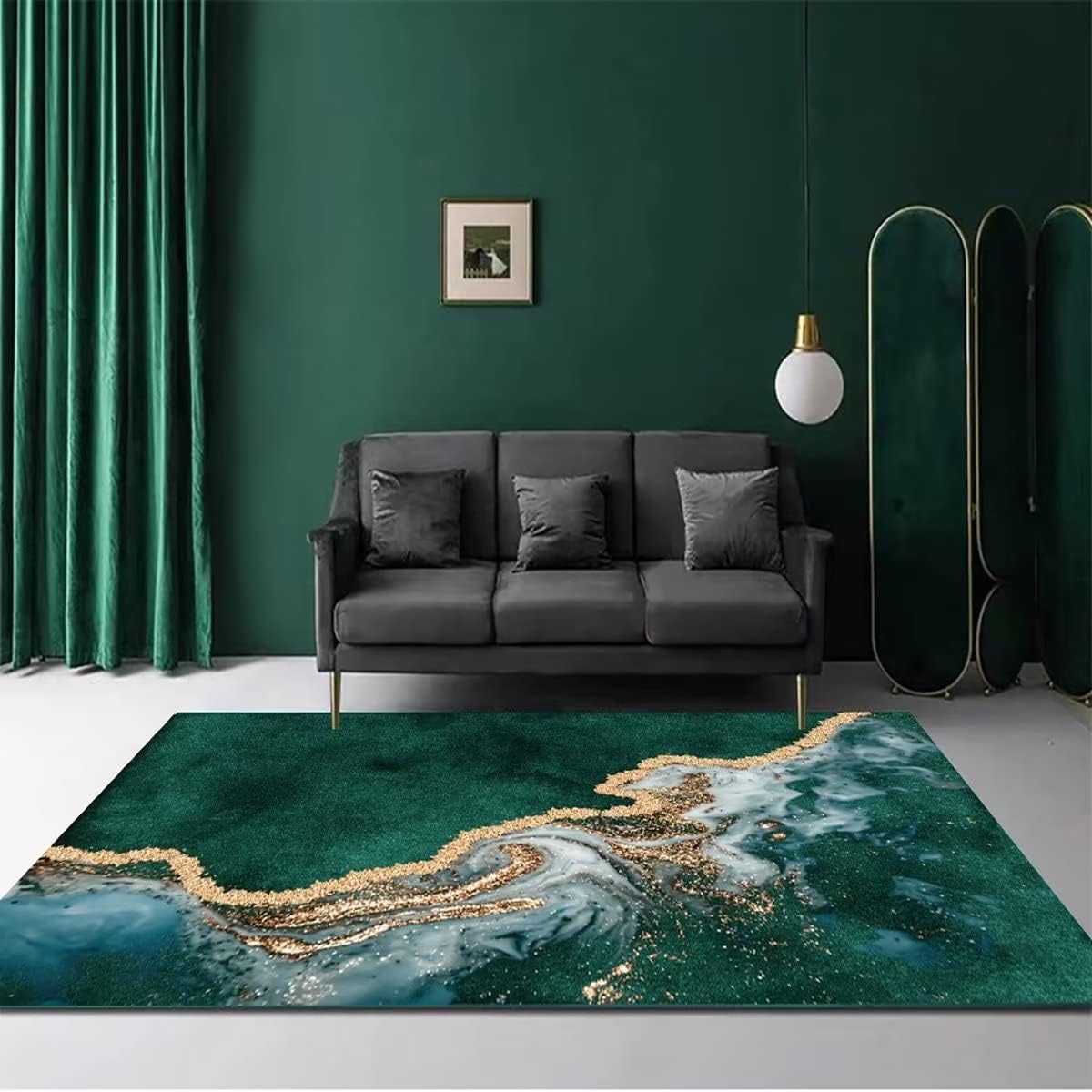 Vintage Emerald Green Marble Rugs for Home Office Decor Gold Swirl Abstract Area Rug Under Sofa Non-Slip Floor Carpets Mats,5'x8' 5'X8' Zml2