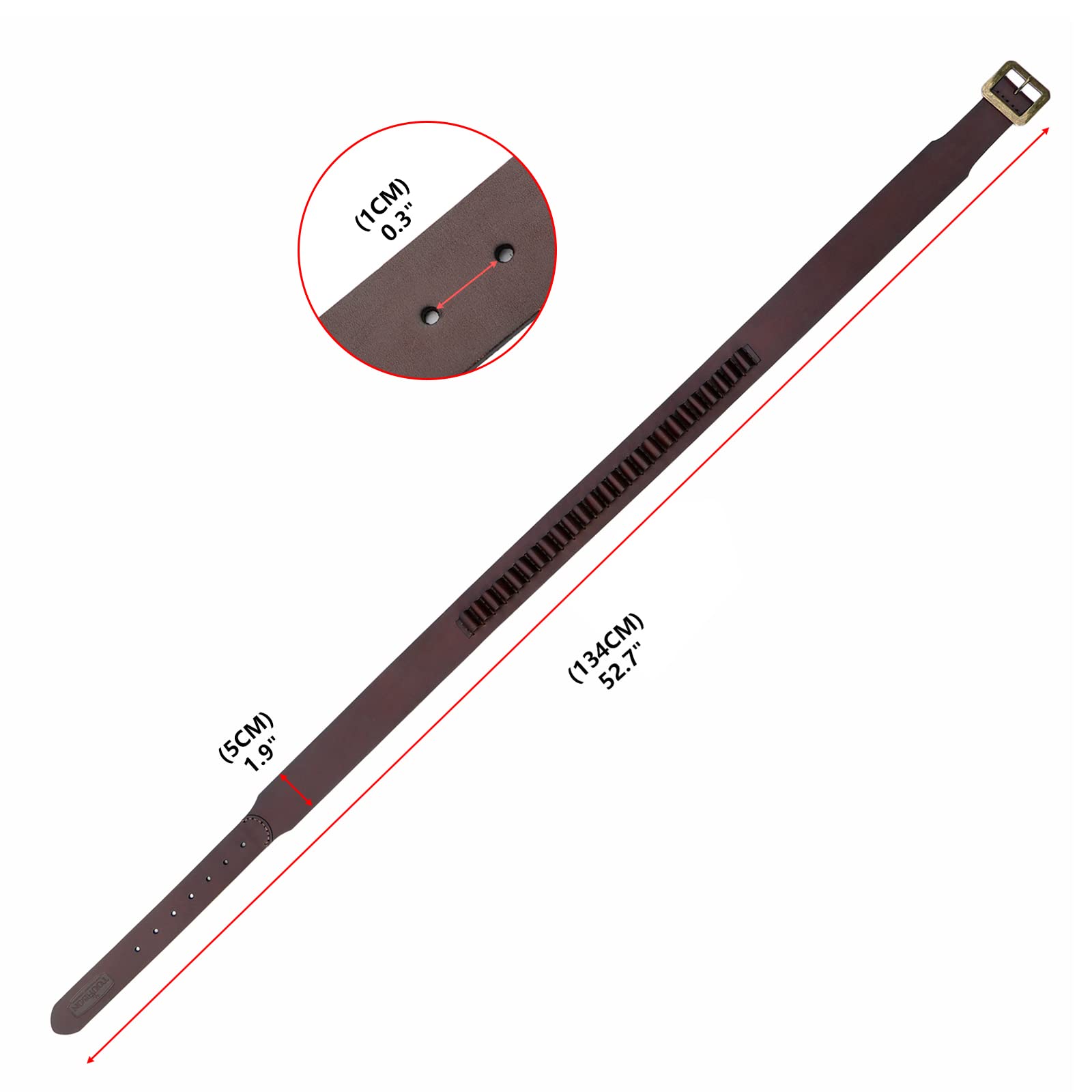 Tourbn TOURBON Patronengürtel aus echtem Leder, 9 mm/.38 Munitionshalter, Verstellbarer Waffenriemen, XL-Größe, Braun, 134*5cm
