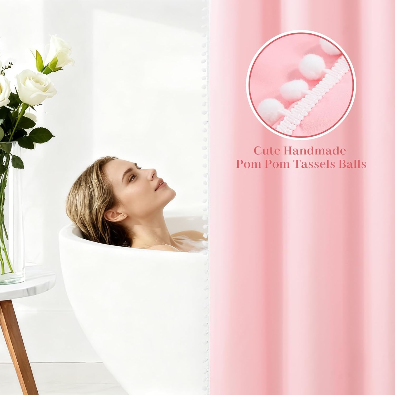 Boho Pink Pom Pom Shower Curtain, Nature Farmhouse Shower Curtain with Handmade Small Tassel Balls, Waterproof Polyester Solid Fabric Shower Curtains for Modern Rustic Country Bathroom, 72" W x 72" H