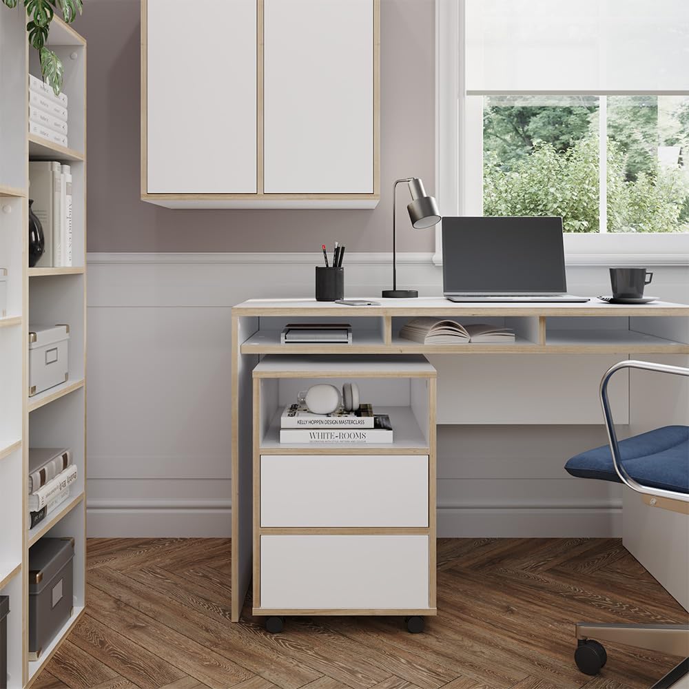 Vicco Caisson Roulant Tetrix, Blanc, 42x55cm | avec étagères et 2 tiroirs, sur roulettes pour une utilisation flexible au bureau ou en télétravail