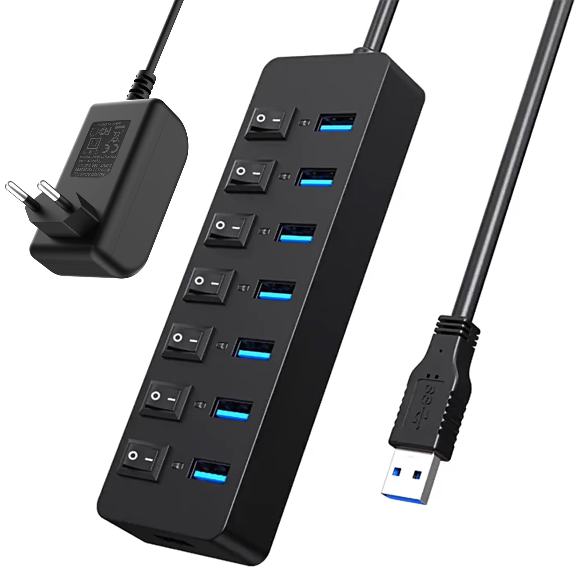 USB Hub 7 Port: Tragbar USB verteiler 3.0+2.0 Einzelnen LED-Netzschaltern fur Laptop,MacBook,PC und weitere USB Geräte (7-in-1（3.0）)