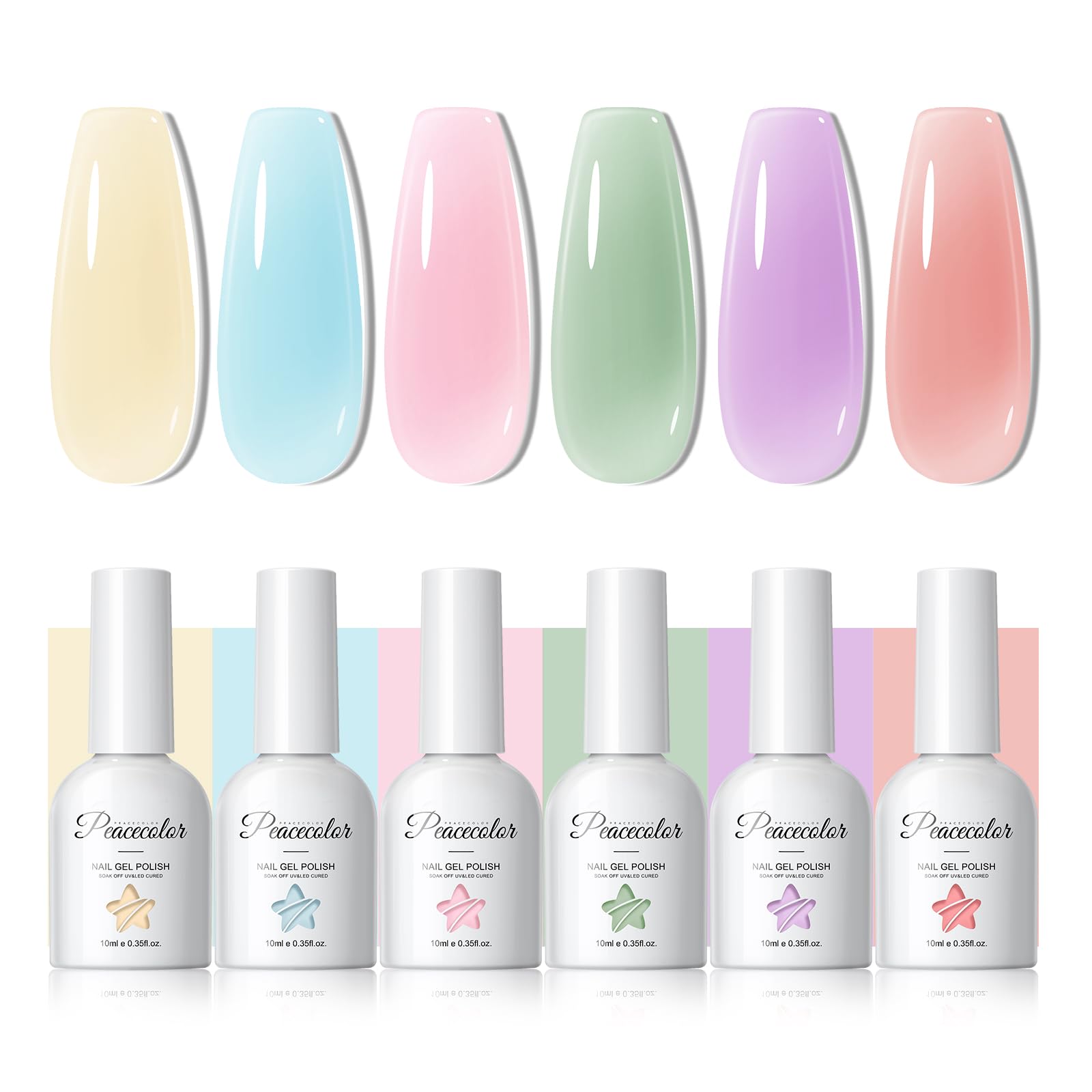 PEACECOLOR Lakier hybrydowy UV - 6 kolorów Jelly Gel Nail Polish Żółty Zielony Niebieski Różowy Fioletowy, Przezroczysty Lakier hybrydowy UV Stylizacja paznokci Manicure