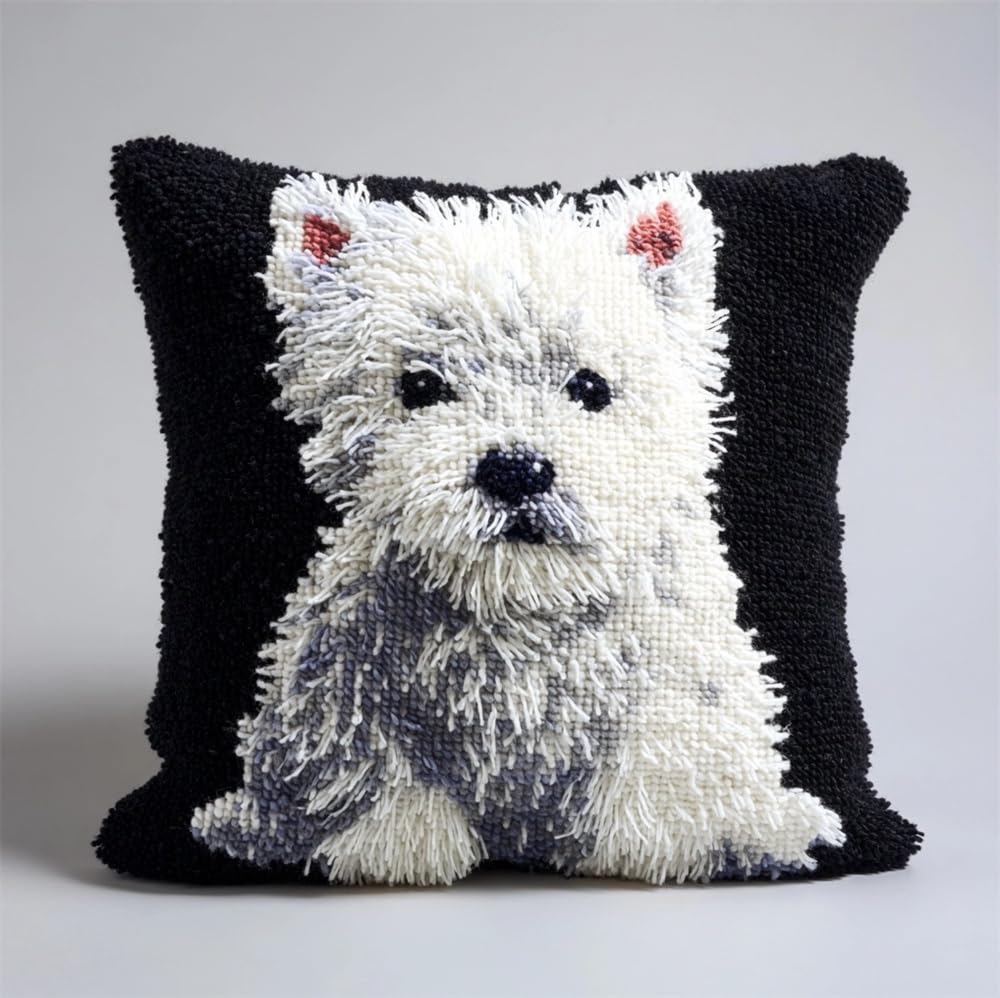 FWRTYCB DIY Latch Pillow Case Kits Black and White Dog Westie Crochet Cush