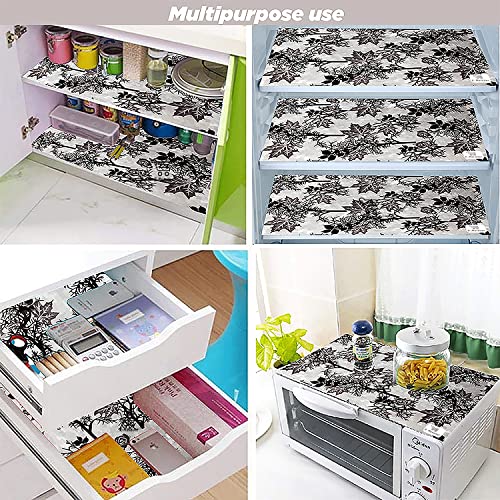 Image of Polyester 3-Layered Fridge Top Cover /Refrigerator Cover With Utility Pockets and Set of 6 Pc Fridge Mats (Color-Floral Black, Size-39x21 Inch)