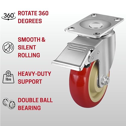Miniatura 8 de Y&Y Decor Placa giratoria de 3 pulgadas con freno resistente en ruedas de poliuretano rojas (8)