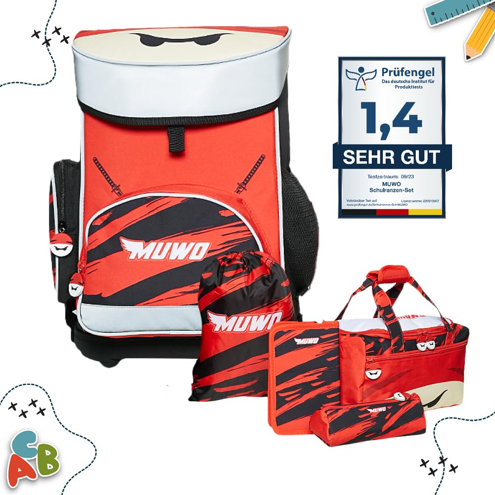 MUWO Cartable pour enfant - 5 pièces - Sac à dos ergonomique léger avec sac de sport - Trousse à crayons - Seulement 920 g, Design ninja, Einheitsgröße, décontracté MUWO Cartable pour enfant - 5 pièces - Sac à dos ergonomique léger avec sac de sport - Trousse à crayons - Seulement 920 g, Design ninja, Einheitsgröße, décontracté