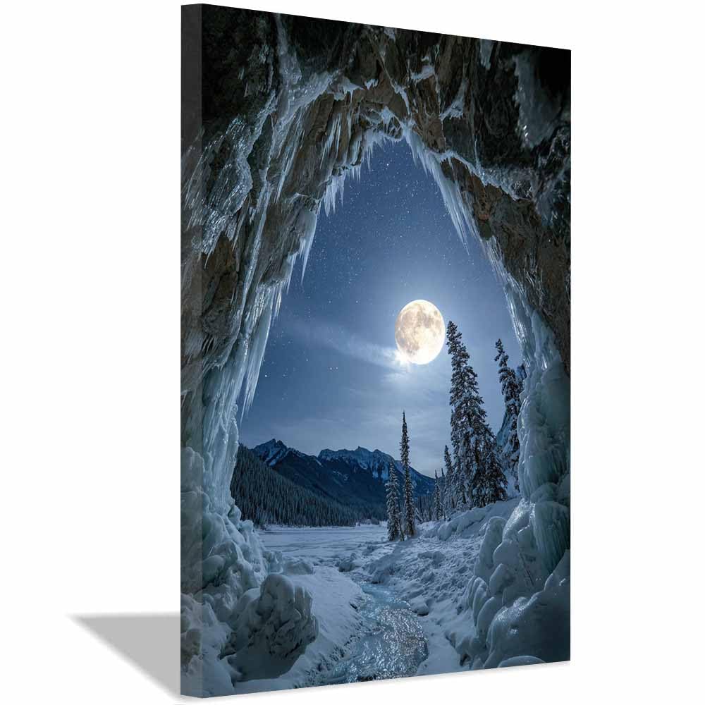 XENIOU Landscape Canvas Wall Art Ices Cave Moonlit Landscapes artwork, wall decoration Living Room Bedroom Hallway Stairs Decoration(Multicolor)-60x90cm Framed