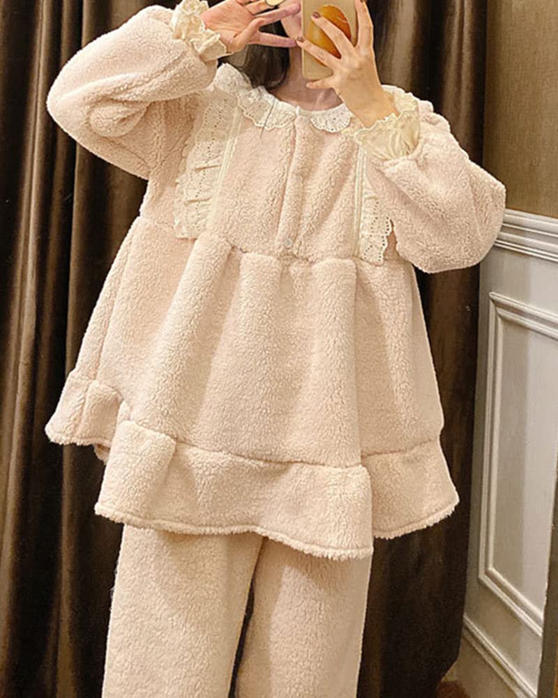 Donna Principessa Vittoriana Carino Dolce Sciolto Pigiama in Pile 2 Pezzi Top e Pantaloni Cozy Flanella Loungewear Sleepwear Tinta Unita Indumenti da Notte Abbigliamento per la casa