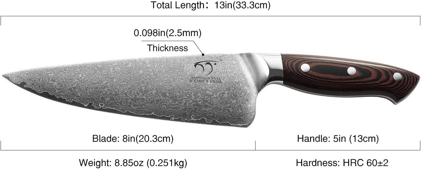 NANFANG BROTHERS Damastkochmesser, 20,3 cm, Profiqualität, Damastmesser Kochmesser 20cm, Damastmesser Küchenmesser aus Japanischer VG10 Cored&67-Schichten Damaststahl Klinge